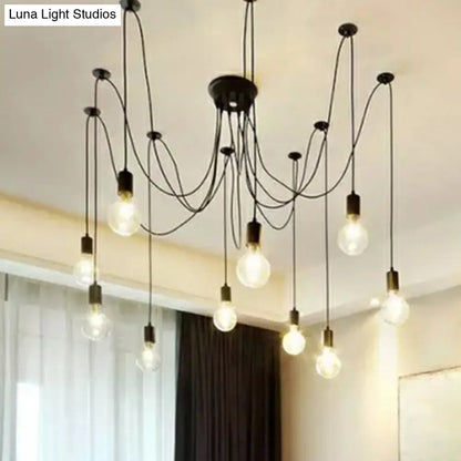 10 Head Black Swag Pendant Lighting Fixture for Hanging Lights with Naked Bulb - Factory Style