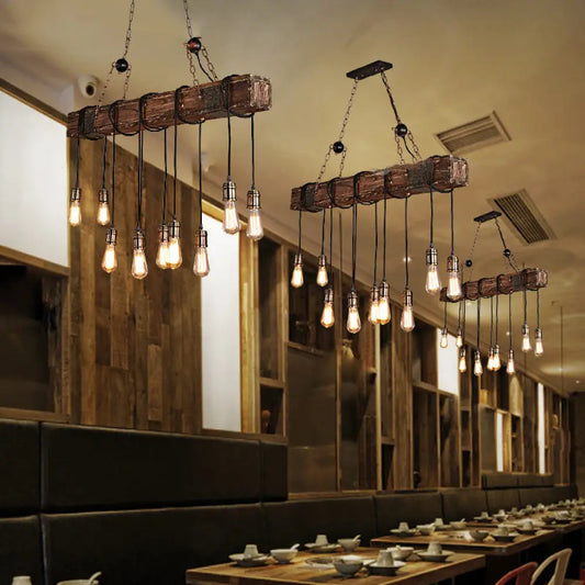 10-Head Metal Pendant Lamp with Exposed Bulbs and Wood Beam in Brown Finish
