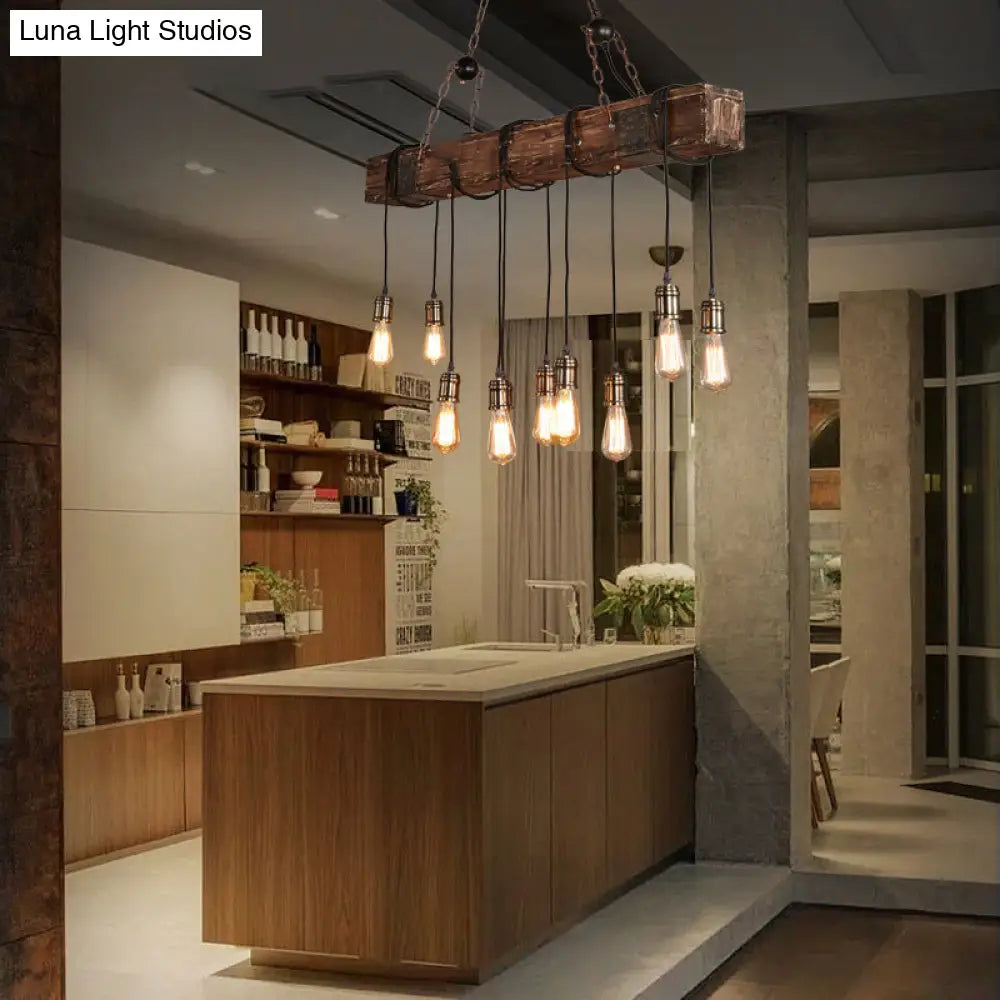 10-Head Metal Pendant Lamp with Exposed Bulbs and Wood Beam in Brown Finish
