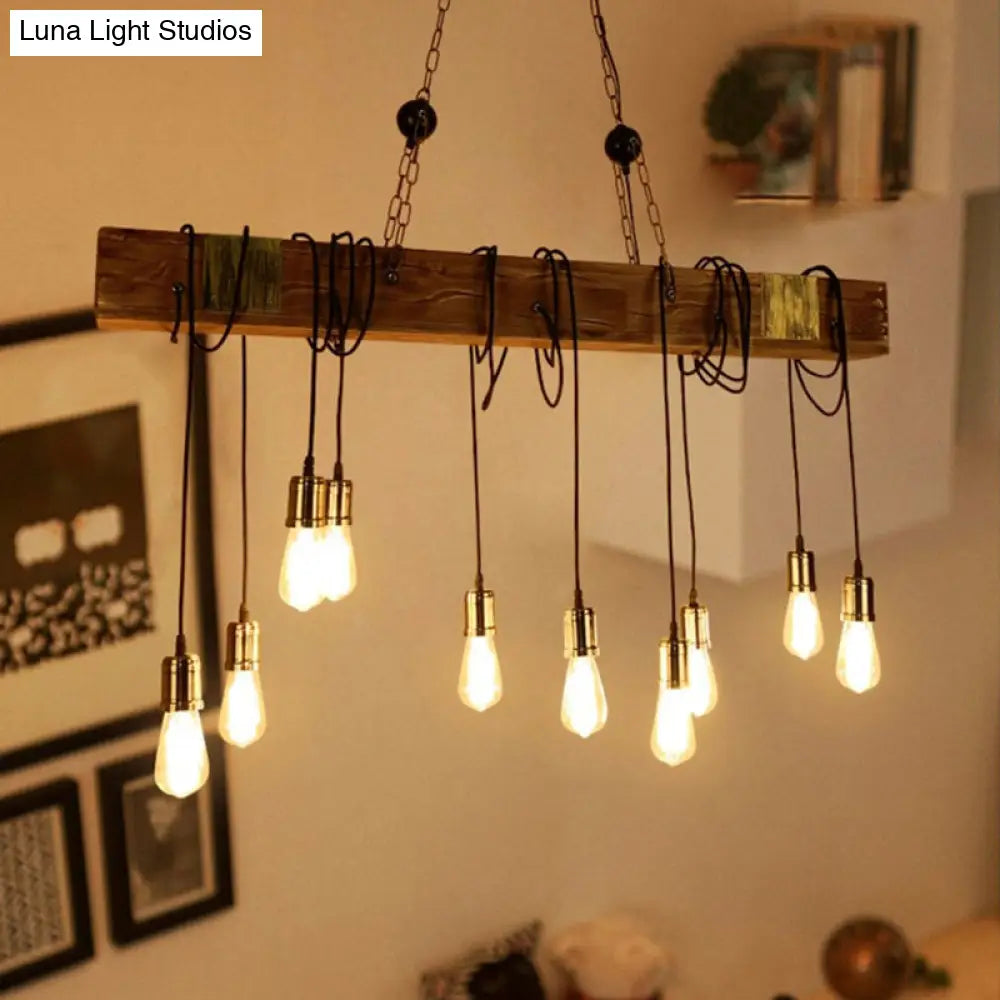 10-Head Metal Pendant Lamp with Exposed Bulbs and Wood Beam in Brown Finish