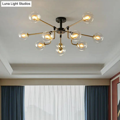 Lámpara de araña de 10 luces en negro y latón con colgante radial y pantalla de cristal esférica: Una declaración posmoderna