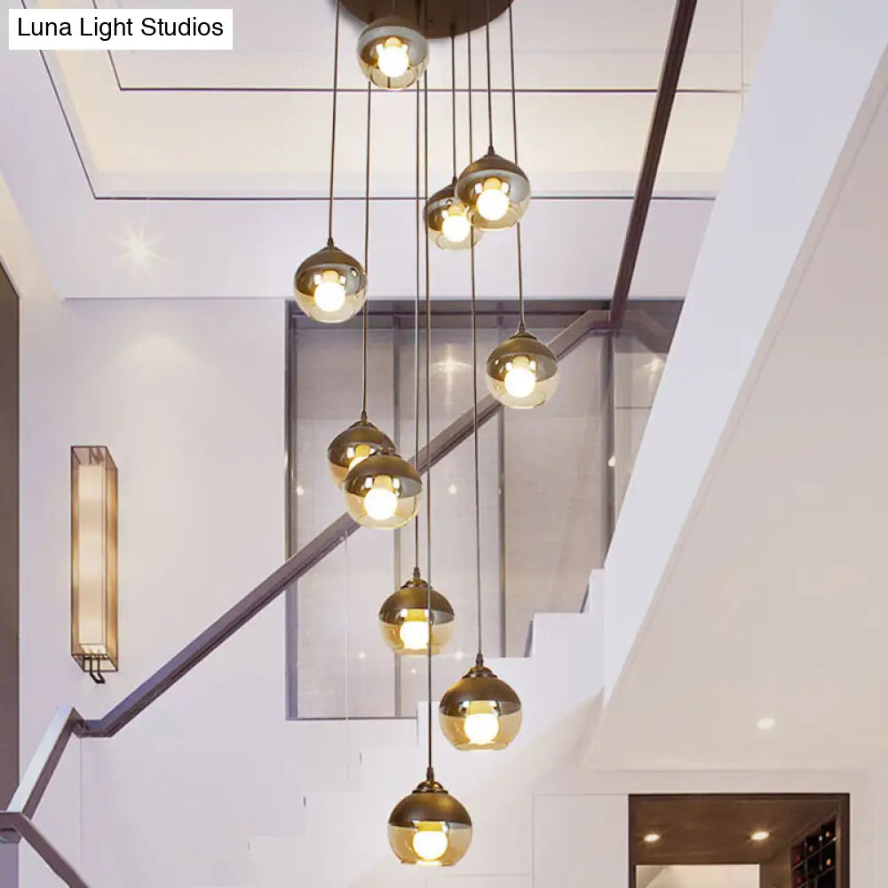 10-Light Hanging Stair Pendant with Cognac Glass Shades