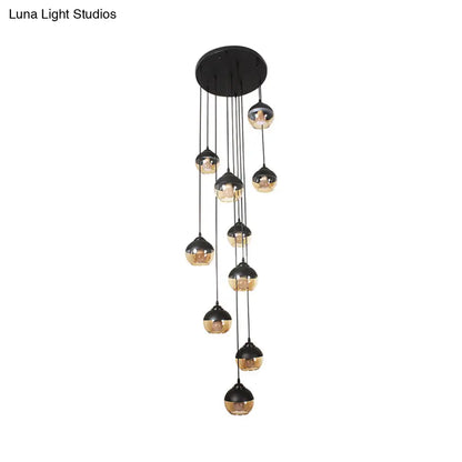 10-Light Hanging Stair Pendant with Cognac Glass Shades