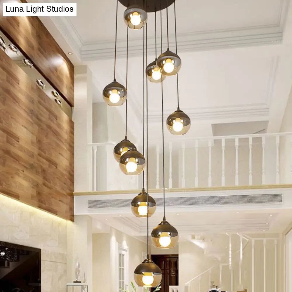 10-Light Hanging Stair Pendant with Cognac Glass Shades