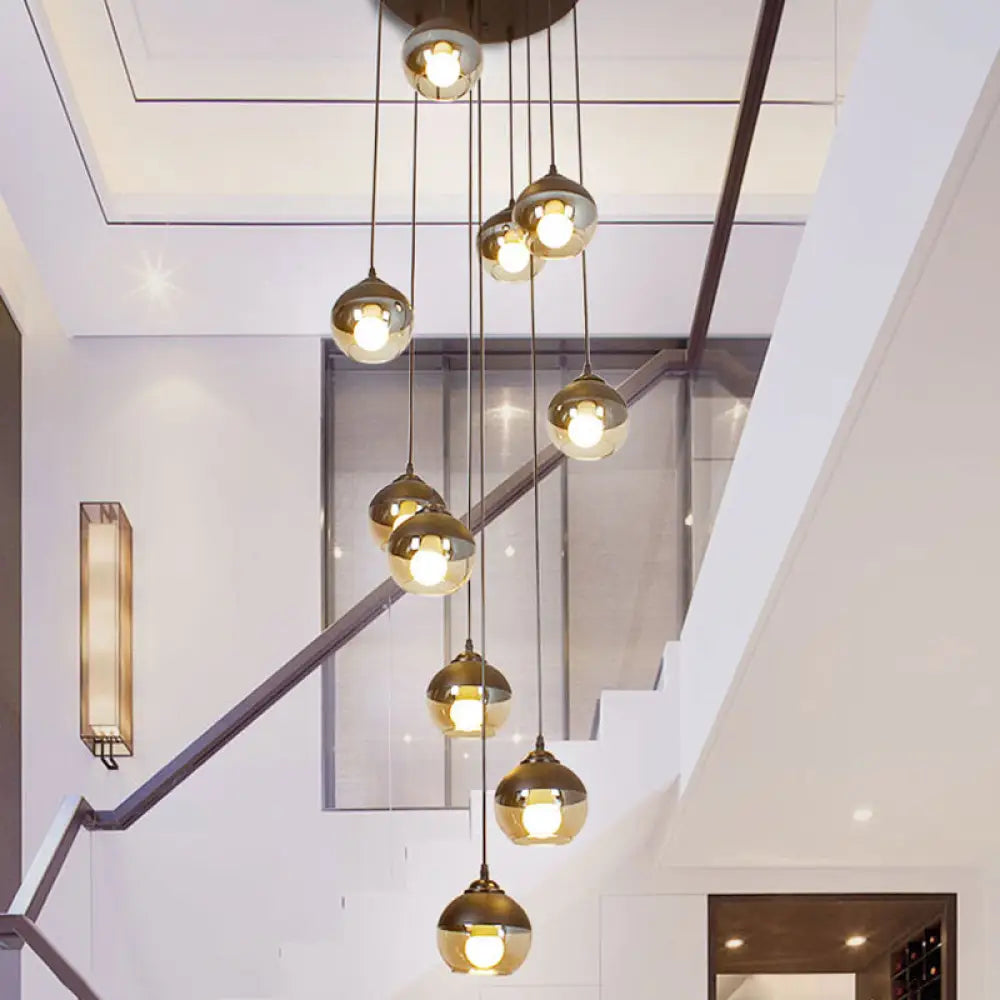 10-Light Hanging Stair Pendant with Cognac Glass Shades