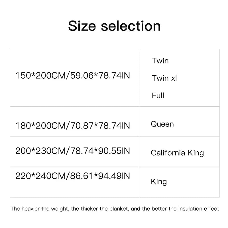 Size selection chart for a 100% white goose down comforter showing dimensions for twin to king beds in pure cotton design