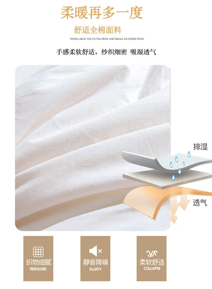 A soft white cotton fabric with plush texture and sheen on a 100 percent white goose down winter comforter