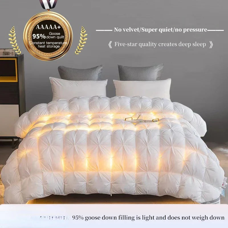 White quilt 100 percent white goose down comforter with plush puffy texture and diamond stitching pattern