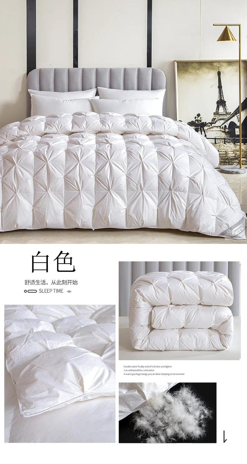 White quilted 100% goose down comforter with diamond pattern and plush filling for winter use in pure cotton cover