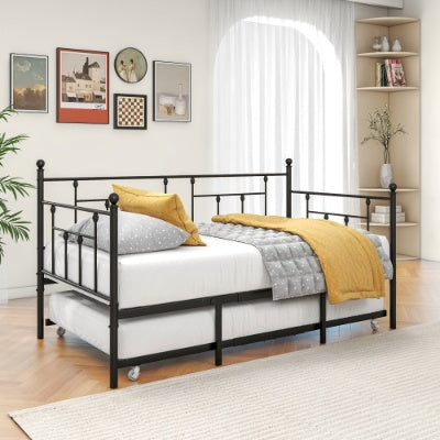 Twin Size Daybed Metal Frame With Trundle Set, Twin Day Bed Sofa, Daybed And Roll Sofa Bed For Guest Room, Bedroom, Living Room, Victorian Style, Black