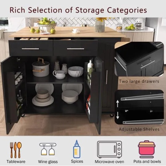 Kitchen Island With Drop Leaf, Kitchen Storage Cart With 3 Tier Pull Out Cabinet Organizer, Internal Storage Rack, Rolling Kitchen Cart On Wheels With Towel Rack, 2 Drawers, For Kitchen, Black