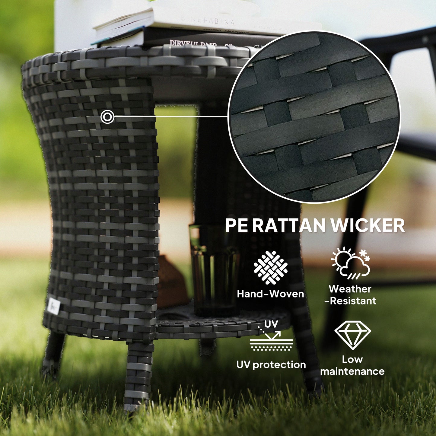 18 Wicker Outdoor Coffee Table, PE Rattan Patio Side Table With 2-Tier Storage, Composite Wood Top, Gray