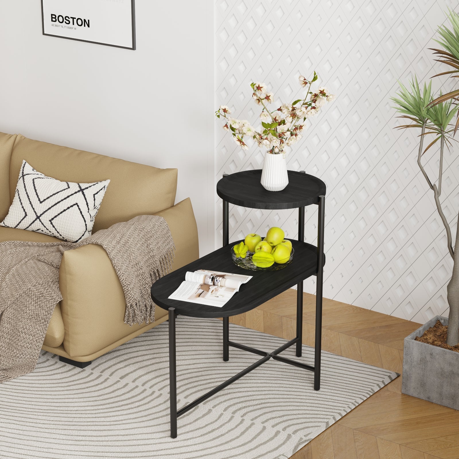 Mesa de Café Redonda con Bandeja de Almacenamiento Mesa Auxiliar Ovalada de 2 Niveles Mesa Lateral Pequeña de Madera para Sala de Estar