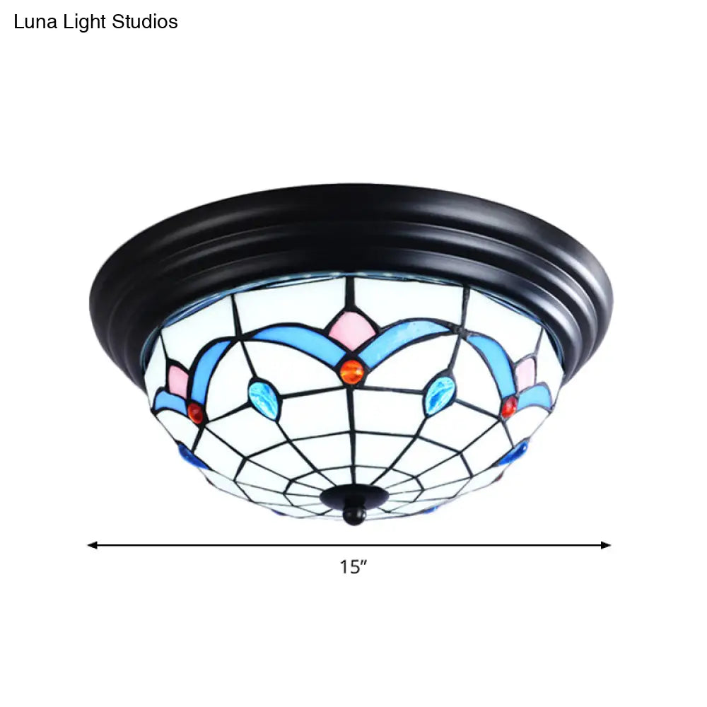 11"/15" Tiffany Cut Glass Flush Ceiling Light - 3-Light Flush Mount Fixture in White - Ideal for Corridors