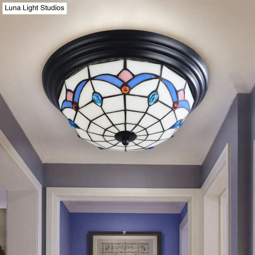 11"/15" Tiffany Cut Glass Flush Ceiling Light - 3-Light Flush Mount Fixture in White - Ideal for Corridors