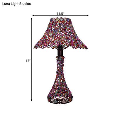 Lámpara de mesa antigua de metal con forma de cúpula/campana de 28-29 cm con 1 bombilla - Iluminación de mesilla de noche morada para sala de estar