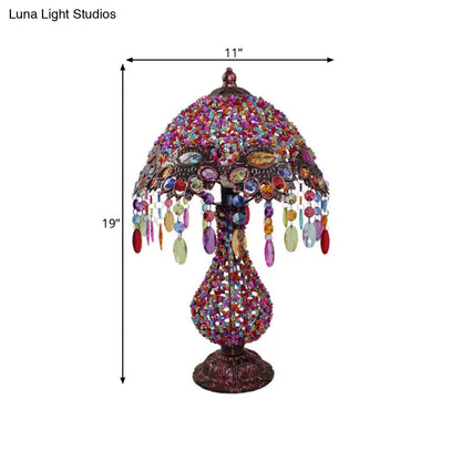 Lámpara de mesa antigua de metal con forma de cúpula/campana de 28-29 cm con 1 bombilla - Iluminación de mesilla de noche morada para sala de estar