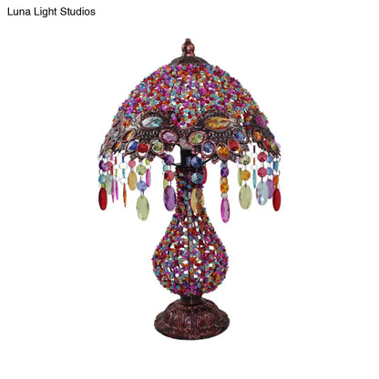 Lámpara de mesa antigua de metal con forma de cúpula/campana de 28-29 cm con 1 bombilla - Iluminación de mesilla de noche morada para sala de estar