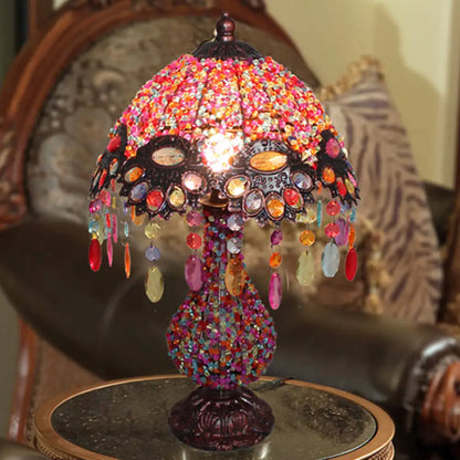 Lámpara de mesa antigua de metal con forma de cúpula/campana de 28-29 cm con 1 bombilla - Iluminación de mesilla de noche morada para sala de estar