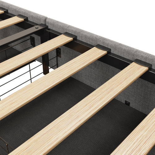 Estructura de Cama de Tamaño Completo con LED, 4 Cajones de Almacenamiento Portátiles Bajo la Cama, Diseño de Cabecero con Alas, Gris Claro