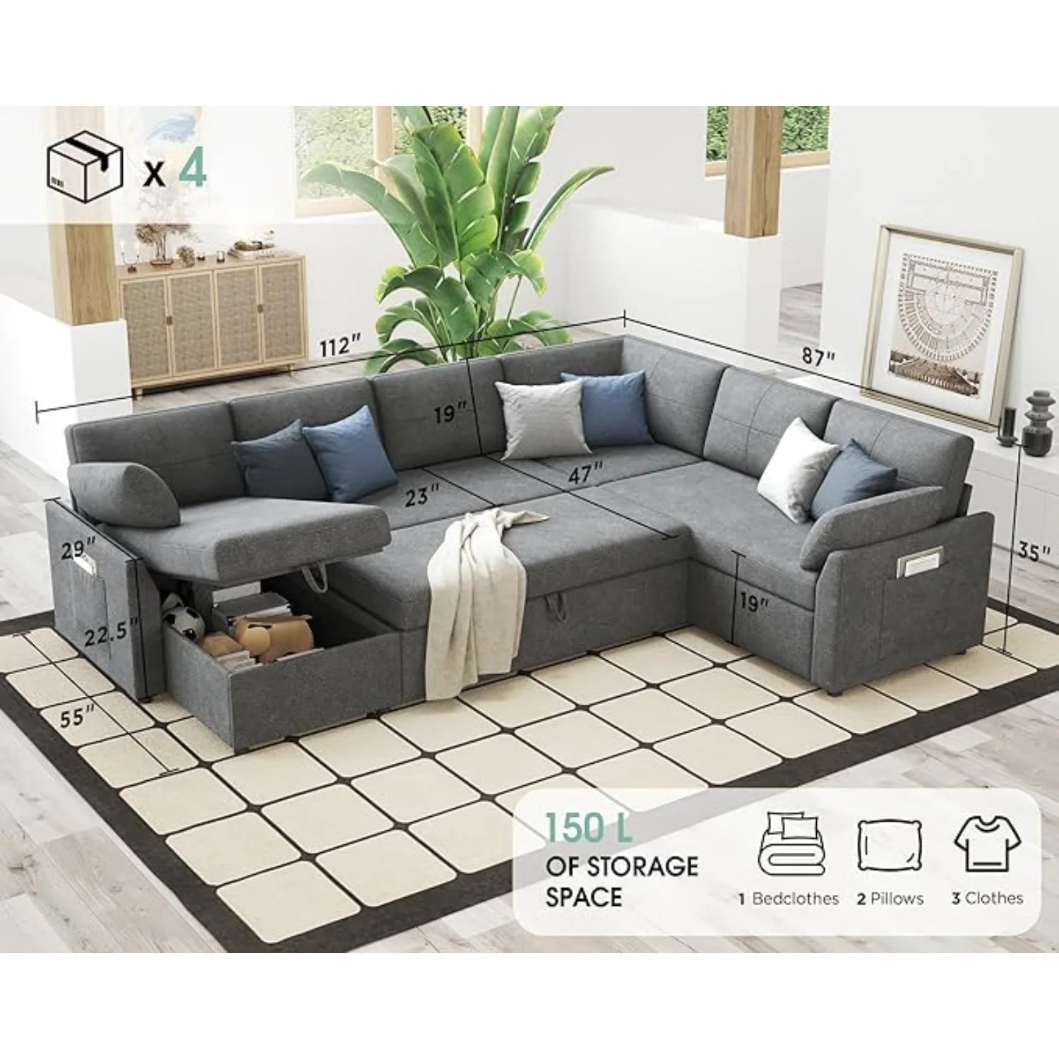 112 Inch U Shape Sleeper Sofa