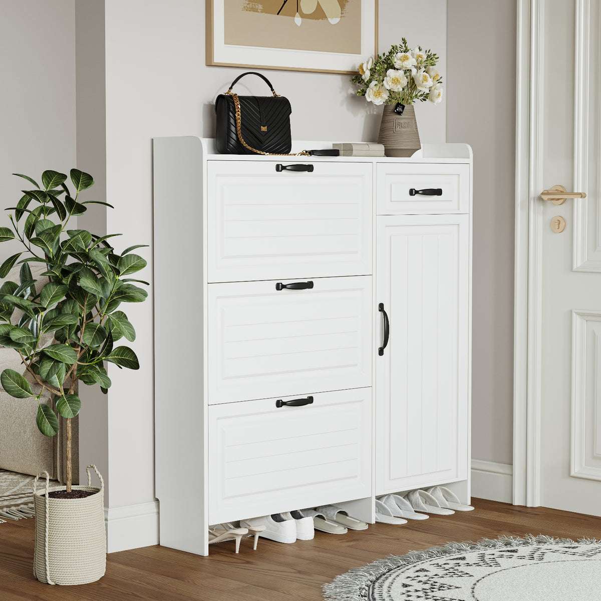 Armario para Zapatos de Color Blanco con 4 Puertas y 1 Cajón, Puerta de PVC con Forma, Amplio Espacio para Almacenamiento