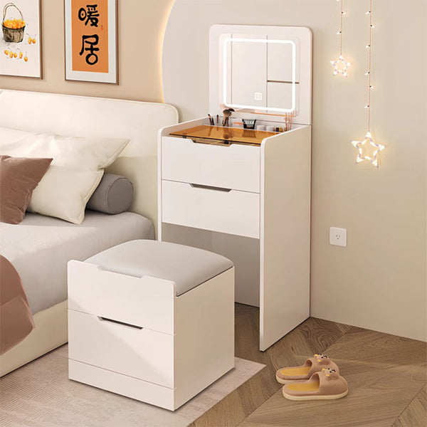 Tocador 3 en 1 con Espejo Giratorio e Iluminación, Pequeño Conjunto de Tocador para Maquillaje con Tablero de Mesa de Vidrio para Visión, 3 Cajones, Taburete de Almacenamiento, Espejo Iluminado de 3 Colores, Tocador para Dormitorio en Espacios Pequeños