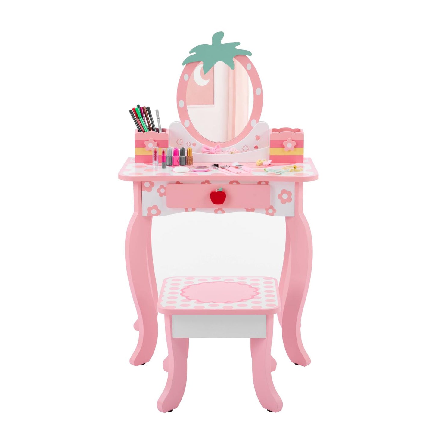 White MDF Spray-painted 1-drawer 2-desktop Storage Box Children's Dressing Table Set With Apple Print