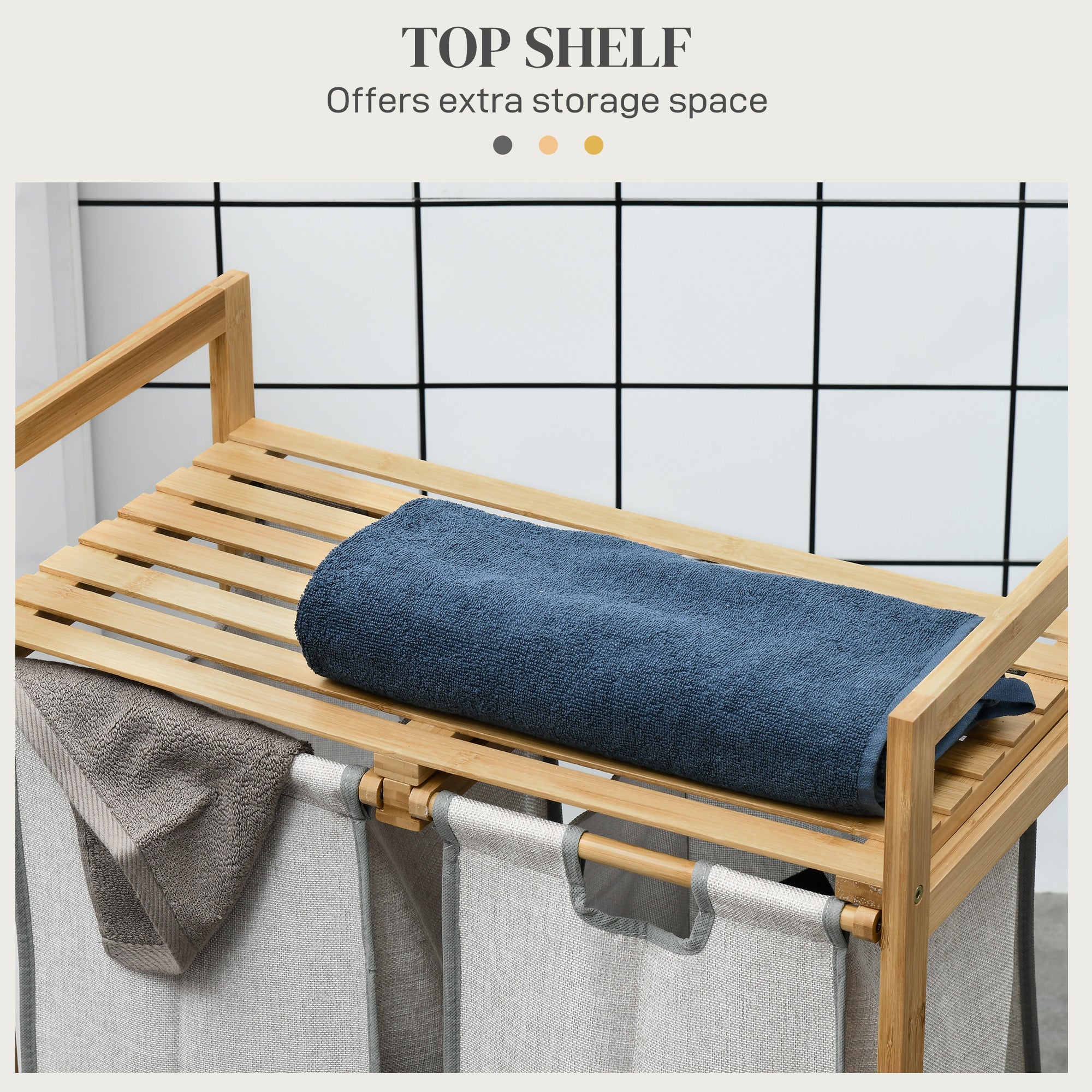 Bambus-Wäschekorb, Doppeltes Wäschegestell mit Regal, 2 herausziehbare und herausnehmbare Taschen, natürliches Holz und Dunkelgrau