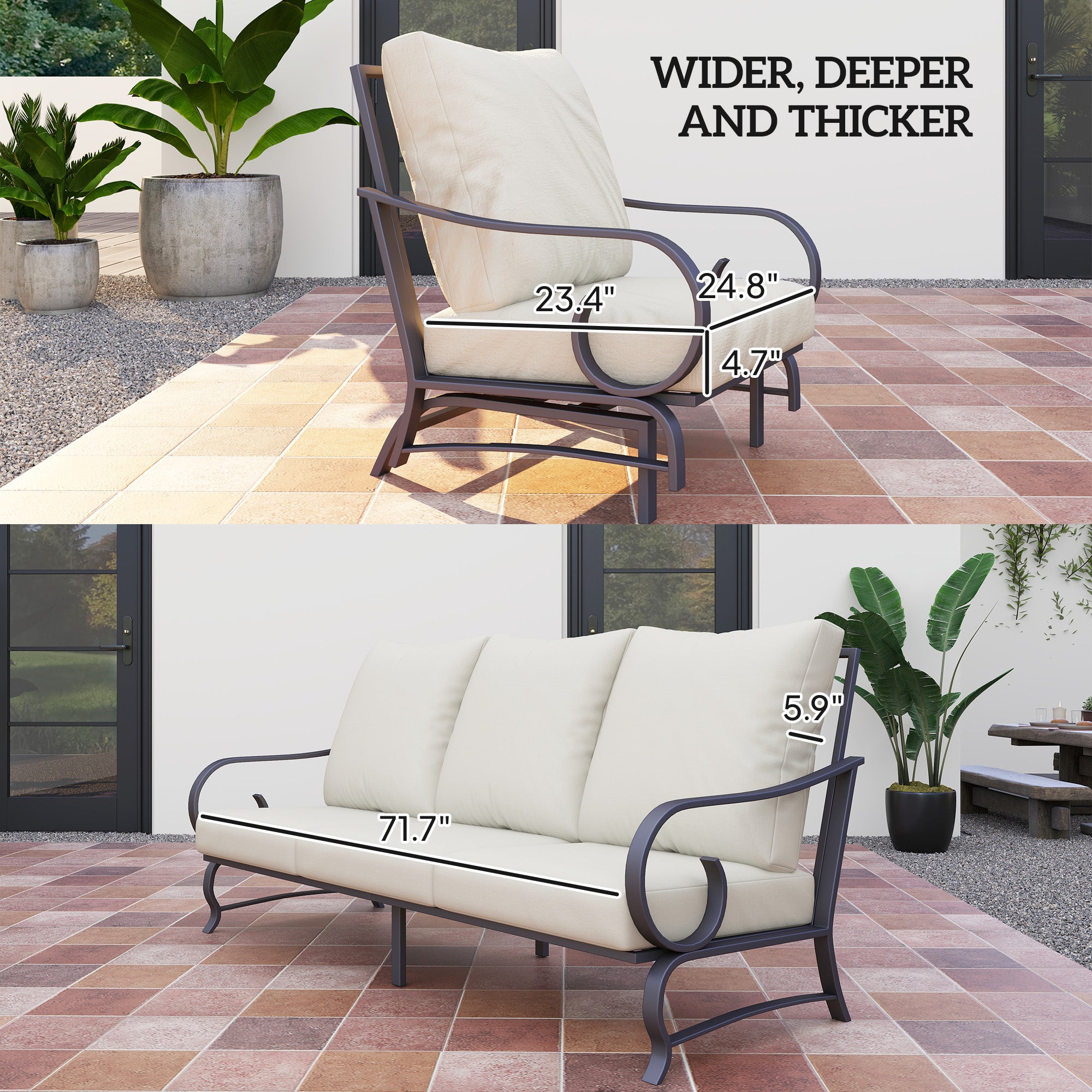 Conjunto de 5 Piezas de Muebles para Patio Trasero, Conjunto de Muebles de Exterior con 2 Sillas Mecedoras, Sofá de 3 Plazas y 2 Otomanos, Beige