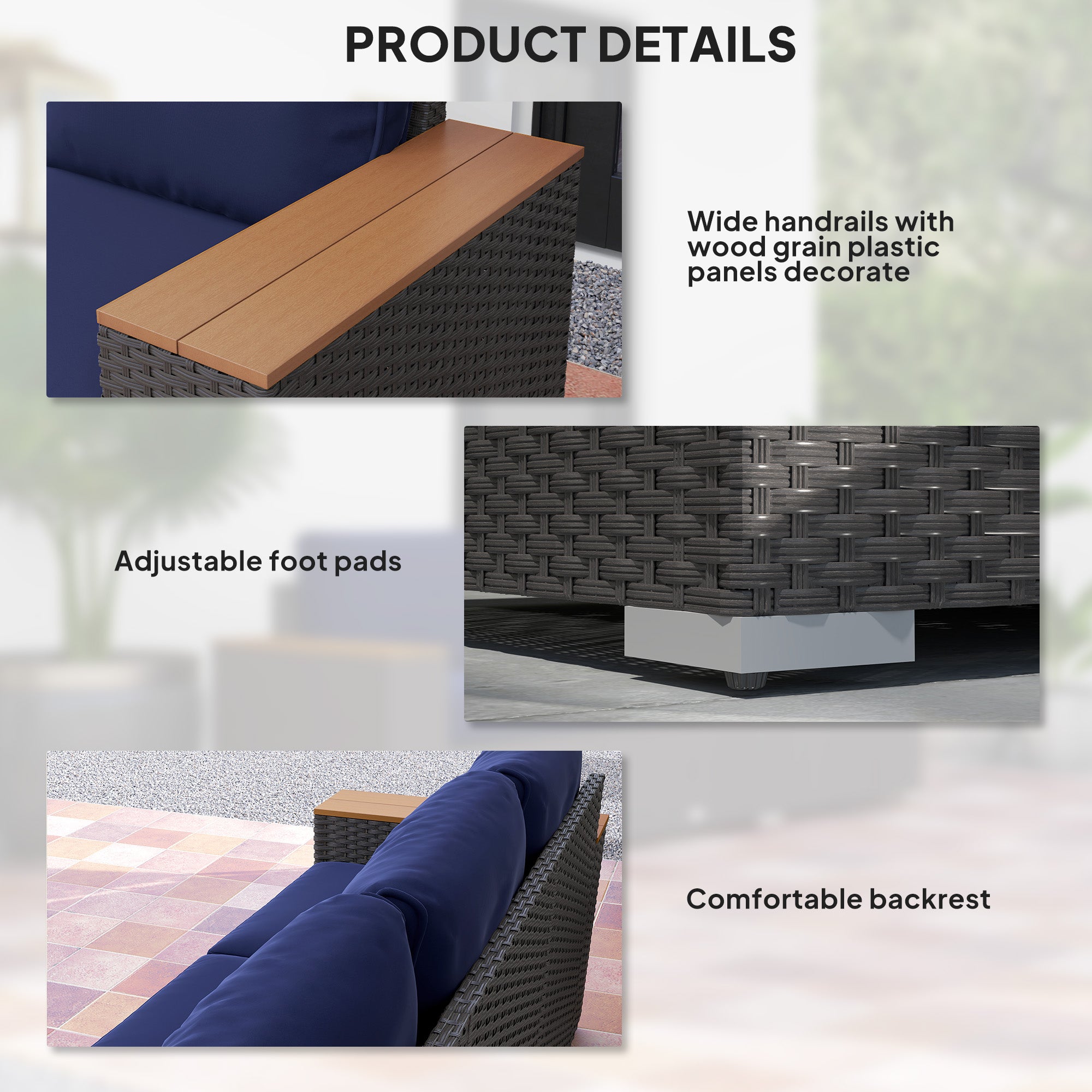 Sofá de Patio Exterior para 3 Personas con Cojines, Sofá de Mimbre de Rattan PE con Reposabrazos Anchos, Sofá de Mimbre Exterior, Azul Marino