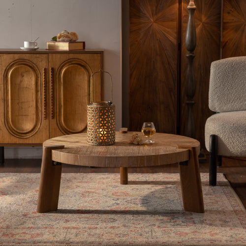 Mesa de Café Redonda de Madera para Sala de Estar, Mesa de Café Rústica Natural para Apartamento, Fácil de Armar