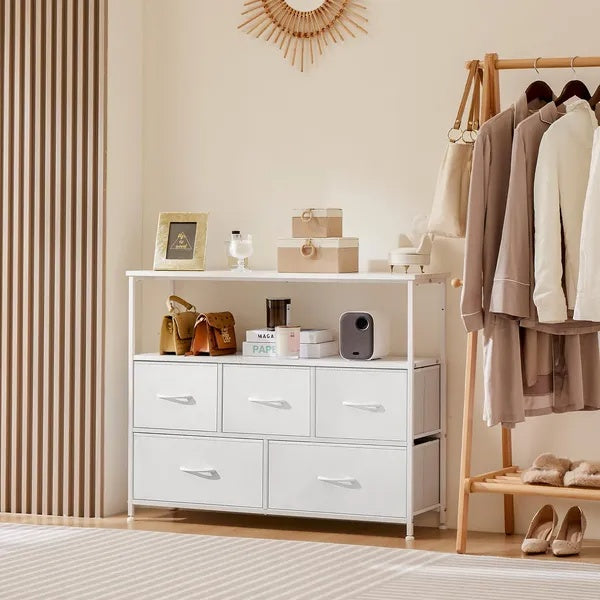 Cómoda para Dormitorio, Cómoda de Cajones, Cómoda de 5 Cajones, Cómoda de Tela para Armario con Estructura de Metal y Soporte para Televisor