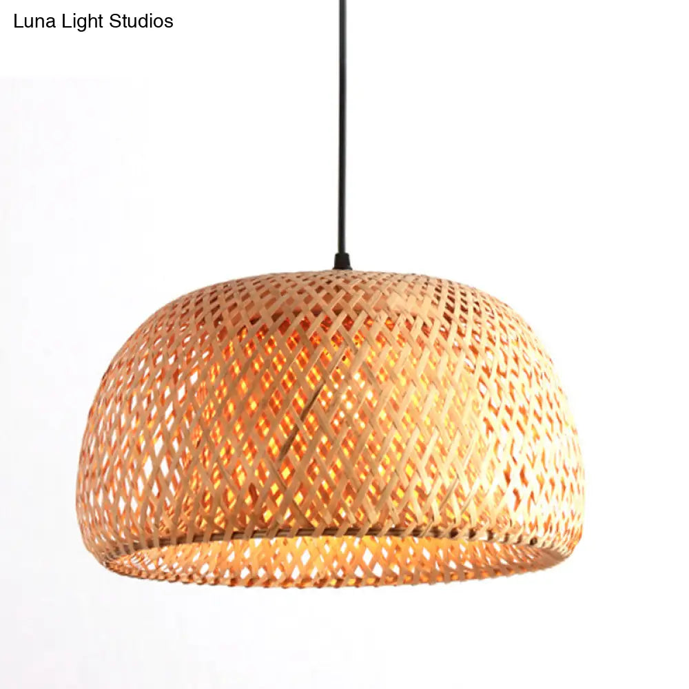 12"/15"/18" Wide Bamboo Domed Pendant Light Fixture - 1-Light Living Room Hanging Lamp Kit in Beige