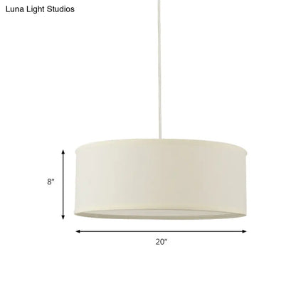 12"/16"/19.5" Dia Cylinder Suspension Pendant - Contemporary White LED Fabric Hanging Lamp