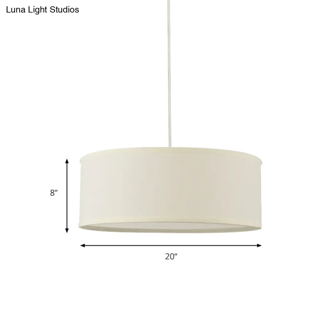 12"/16"/19.5" Dia Cylinder Suspension Pendant - Contemporary White LED Fabric Hanging Lamp