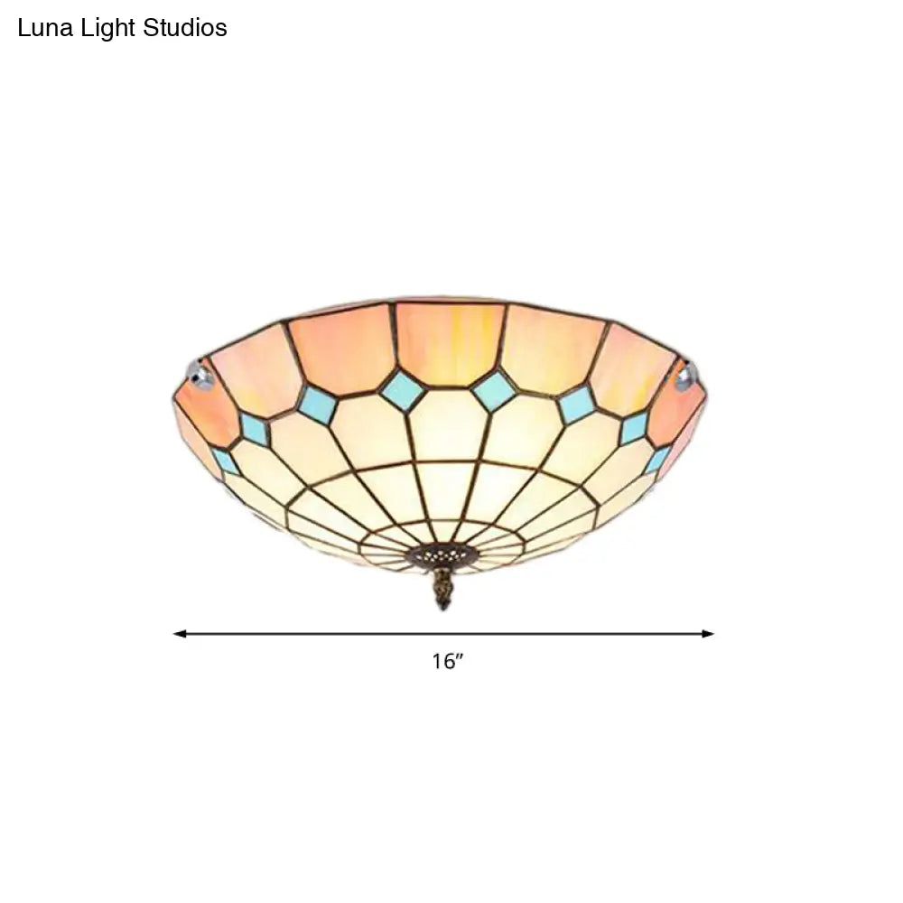 12"/16"/19.5" Wide Pink Tiffany Ceiling Light with Grid Glass Bowl Shade - Perfect for Living Room or Bedroom