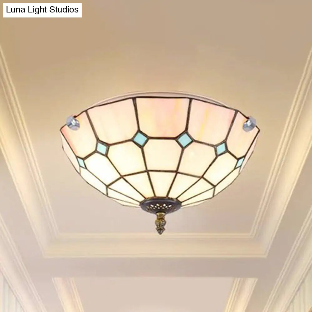 12"/16"/19.5" Wide Pink Tiffany Ceiling Light with Grid Glass Bowl Shade - Perfect for Living Room or Bedroom