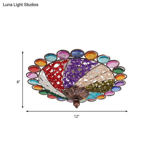 12"/16" Colonial Flared Ceiling Lamp: Multi Colored Plexiglass, 3-Light, Weathered Copper Finish, Flushmount