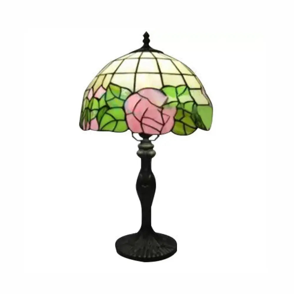 12"/16" Pink Rose Tiffany Stained Glass Table Light with 1 Light in Bronze/Black