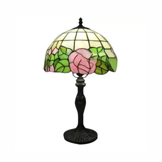 12"/16" Pink Rose Tiffany Stained Glass Table Light with 1 Light in Bronze/Black