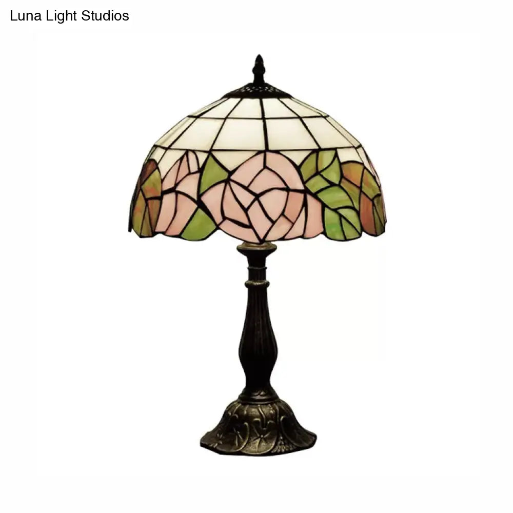 12"/16" Pink Rose Tiffany Stained Glass Table Light with 1 Light in Bronze/Black