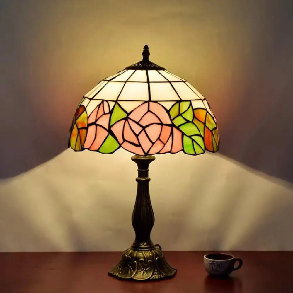 12"/16" Pink Rose Tiffany Stained Glass Table Light with 1 Light in Bronze/Black