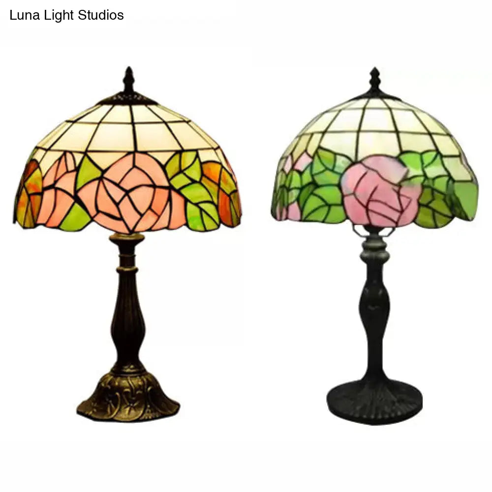 12"/16" Pink Rose Tiffany Stained Glass Table Light with 1 Light in Bronze/Black