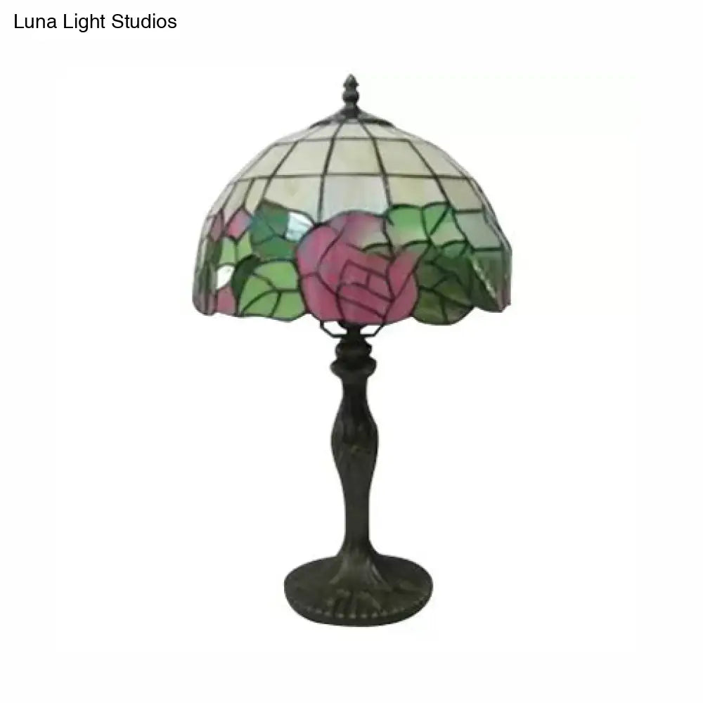 12"/16" Pink Rose Tiffany Stained Glass Table Light with 1 Light in Bronze/Black