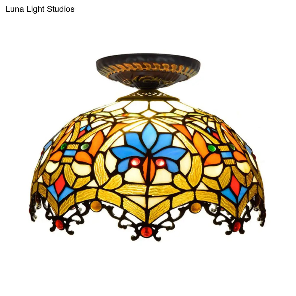 12"/16" W Baroque Scalloped Flush Mount Ceiling Lamp - Handcrafted Stained Glass, 1 Bulb, Black
