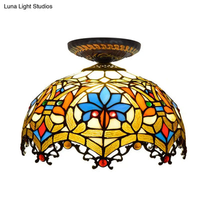 DecorBites™ DecorBites™ 12"/16" W Baroque Scalloped Flush Mount Ceiling Lamp - Handcrafted Stained Glass, 1 Bulb, Black