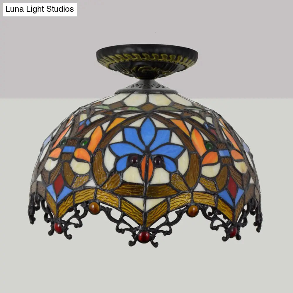 12"/16" W Baroque Scalloped Flush Mount Ceiling Lamp - Handcrafted Stained Glass, 1 Bulb, Black