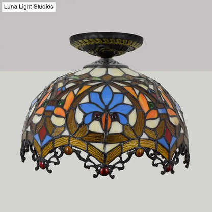 DecorBites™ DecorBites™ 12"/16" W Baroque Scalloped Flush Mount Ceiling Lamp - Handcrafted Stained Glass, 1 Bulb, Black