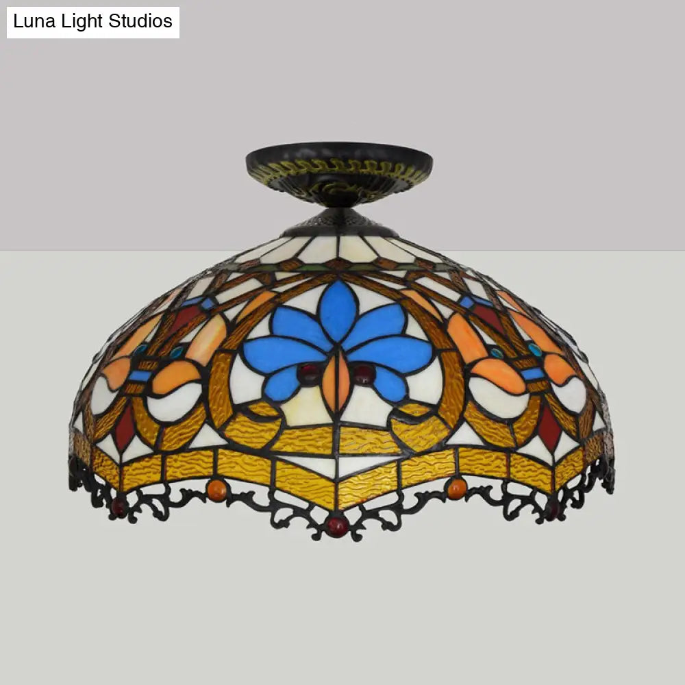 12"/16" W Baroque Scalloped Flush Mount Ceiling Lamp - Handcrafted Stained Glass, 1 Bulb, Black